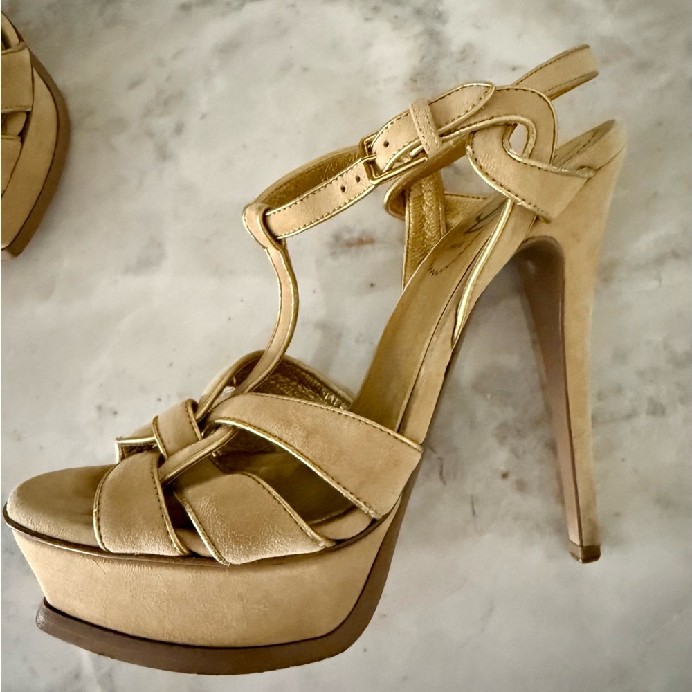 Yves Saint Laurent YSL Tribute Beige Tan Suede Gold Trim Platform Heels 37.5 - Picture 12 of 16